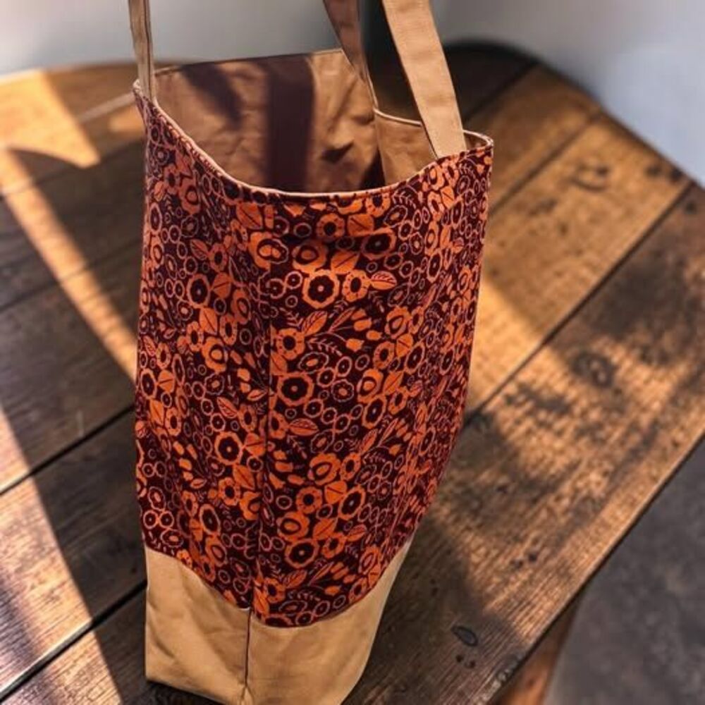 Handmade Boho Floral Canvas Tote Bag Orange Burgundy Colorblock